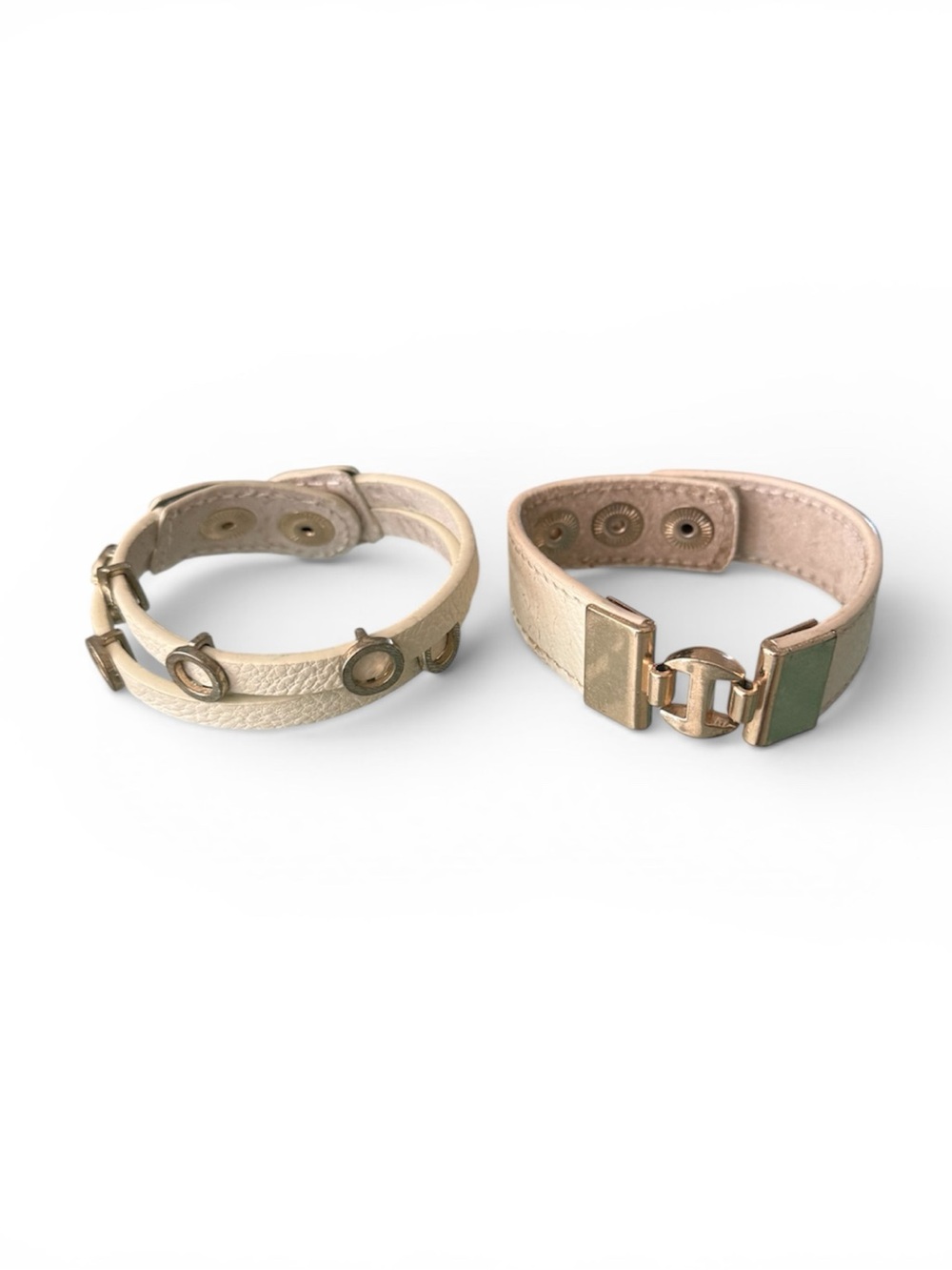 Set of Two Leather Cuff Snap Bracelets with Gold Tone Hardware